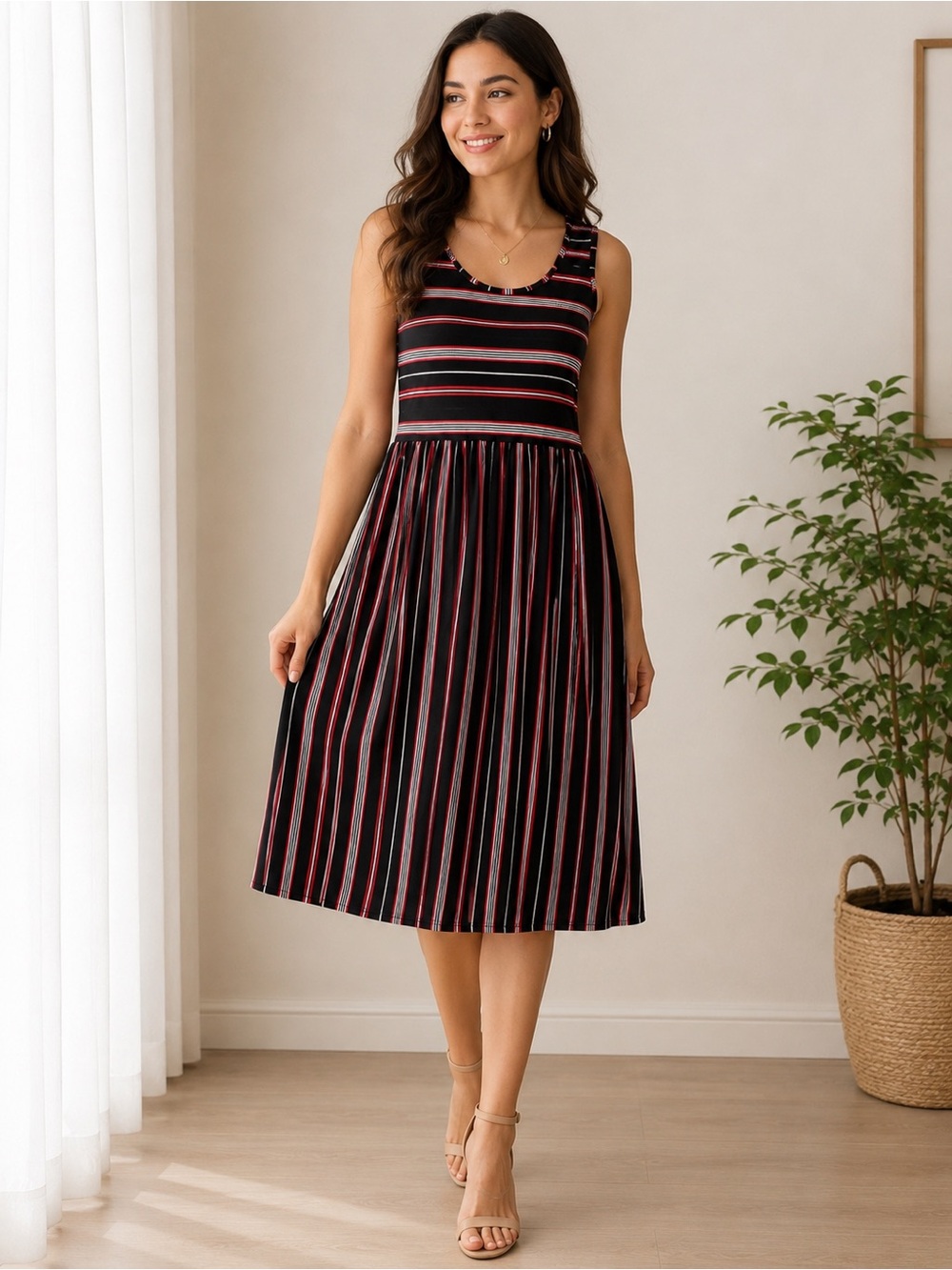 Rainbow Black Red Stripe Midi Dress Large